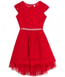 Rare editions red lace and mesh wt silver ribbon girls dress 