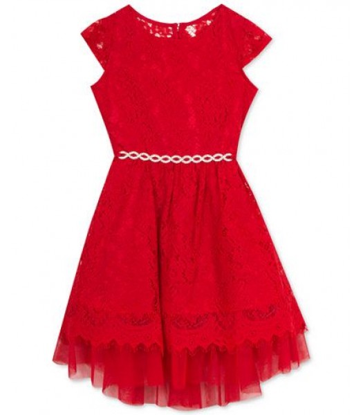 Rare editions red lace and mesh wt silver ribbon girls dress 