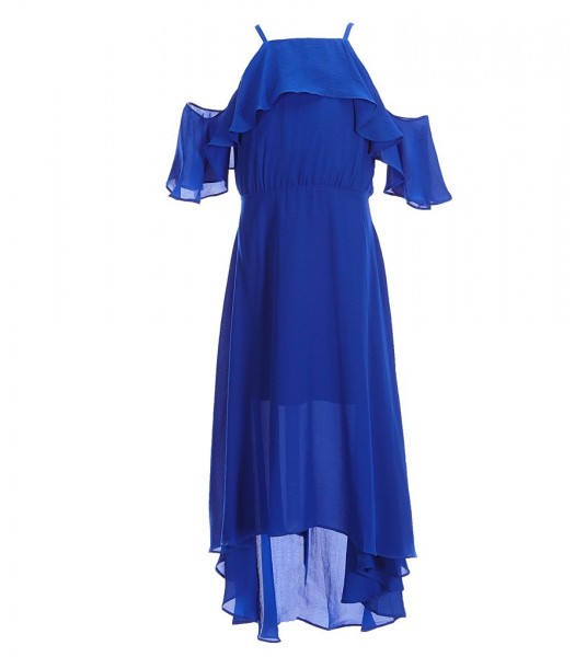 Gb Girls Blue Spagh Ruffle Cold Shoulder Midi Dress
