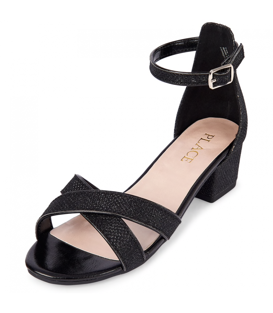 CHILDRENS PLACE BLACK GLITTER LOW HEEL SANDALS