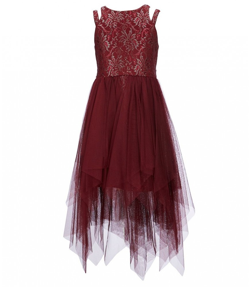 Bonnie Jean Burgundy Double Shoulder Strap Hi-Low Strips Dress Bonnie Jean Burgundy Double Shoulder Strap Hi-Low Strips Dress
