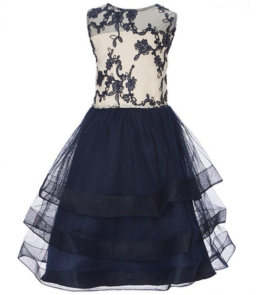 Rare Editions Navy With White Embroidered Bodice And Studded Waistline Dress