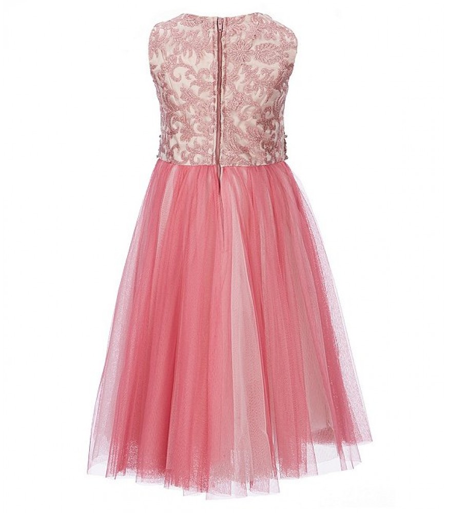 Rare Editions Pink Embroidered Mesh Jewelled Waist Dress