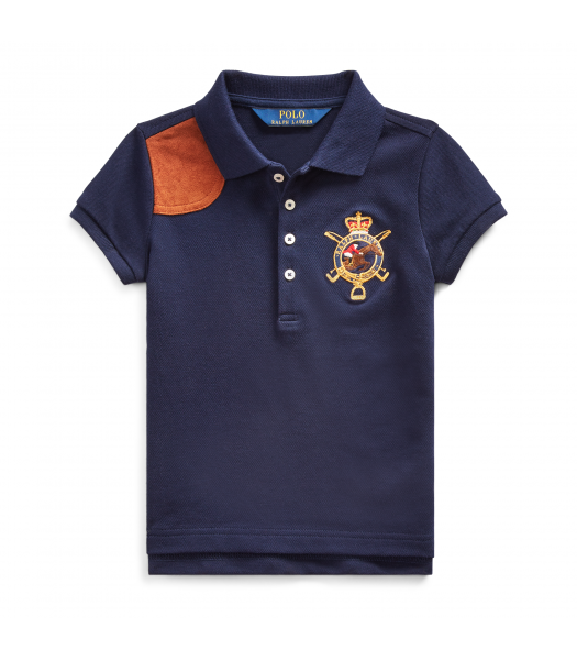 Polo Ralph Lauren Navy Blue With Brown Leather Patch Girls Polo Shirt