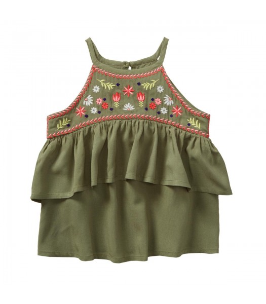 Crazy 8 Olive Green Embroidered Ruffle Top 