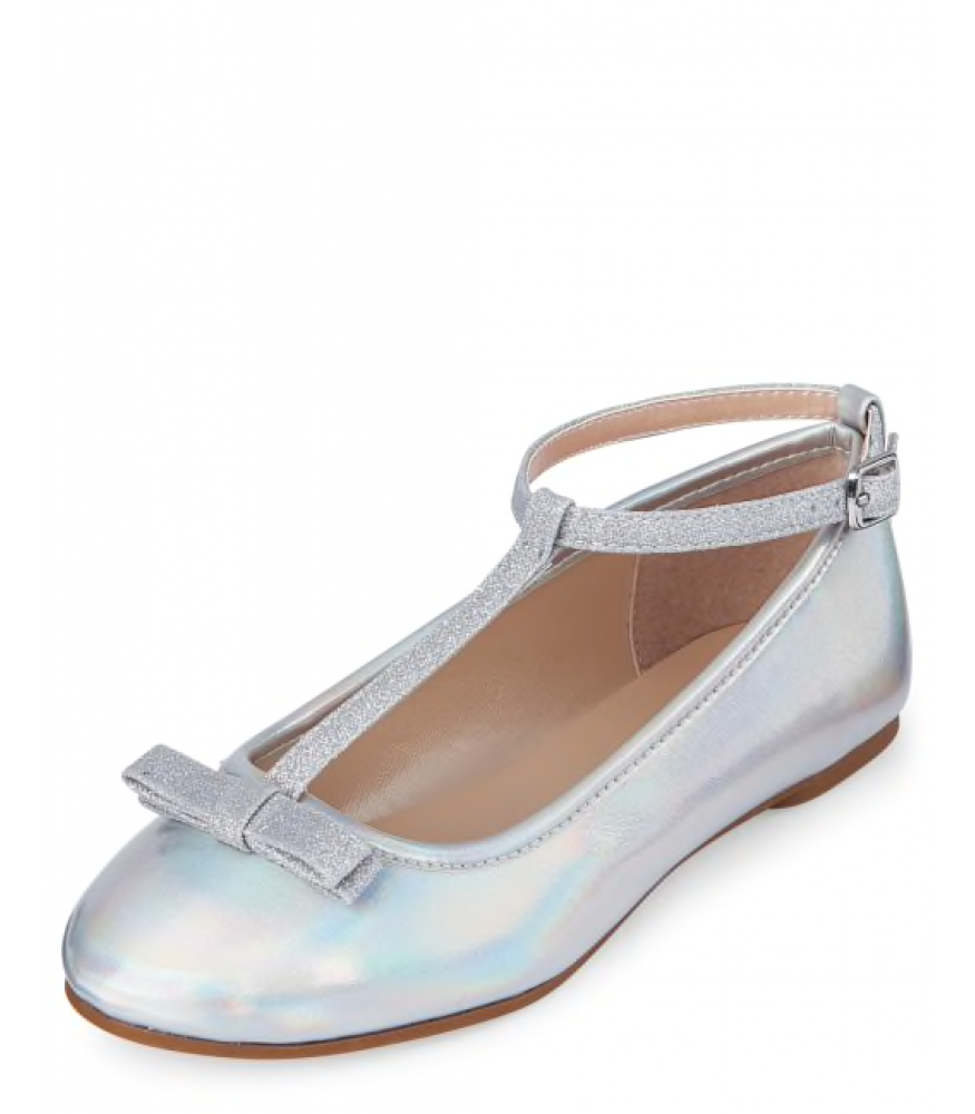 Childrens Place Silver Girls Metallic Glitter T Strap Ballet Flats