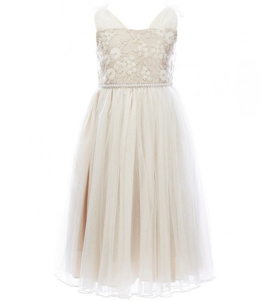 Bonnie Jean Ivory Shirred Shoulder Beaded Waist Dress 