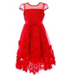 Rare Editions Red Illusion Glitter Mesh Soutache High Low Dress