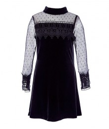 Rare Editions Black Long Sleeve Mock-Neck Velvet Illusion Shift Dress