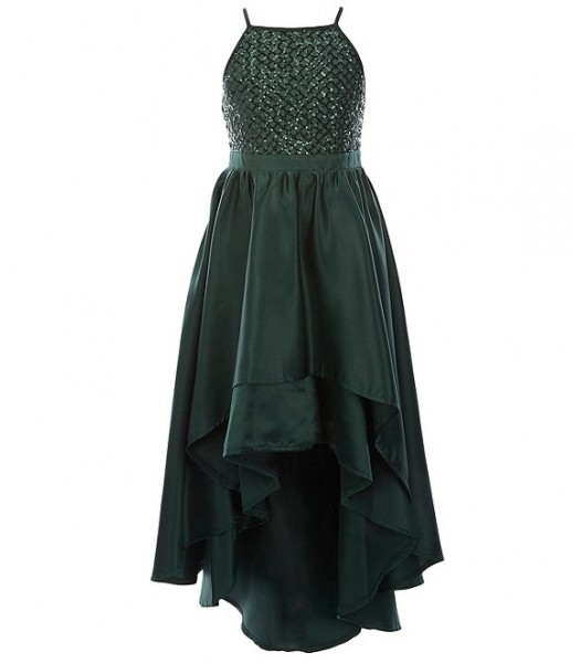 Poppies And Roses Green Sequin Tiered Hi-Low Ballgown