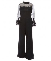 Rare Editions Black Long Sleeve Mock-Neck Illusion Mesh Lace Scuba Jumpsuit