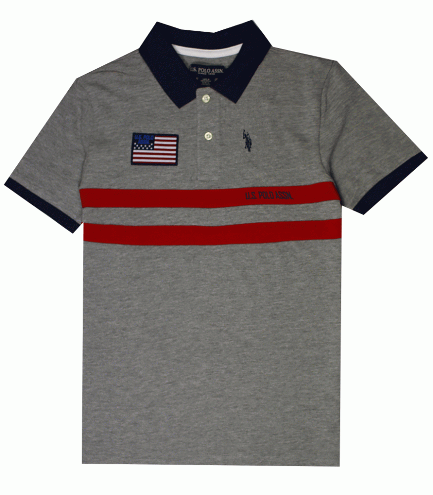 Us Polo Assn Grey With Red Stripe And Navy Collar Us Flag Polo Shirt - Main Image