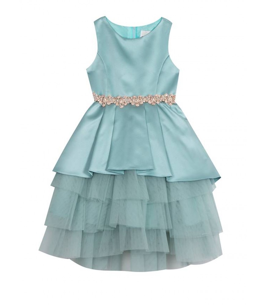 Rare Editions Sage Satin Beaded Waist High Low Tiered Ruffle Mesh Dress