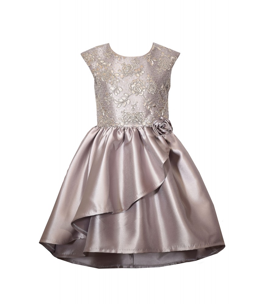 Bonnie Jean Taupe Embroidered Bodice Mikado Cascade Dress
