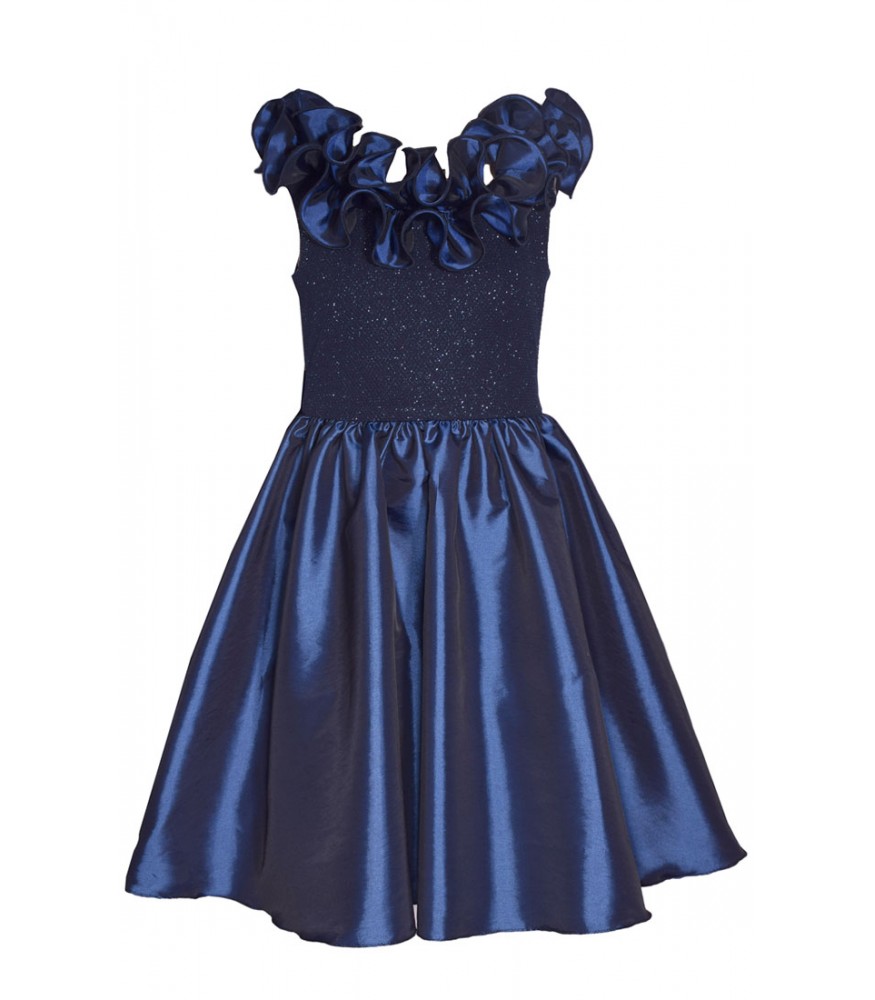 Bonnie Jean Navy Ruffle Dip Back Bow Taffeta Dress