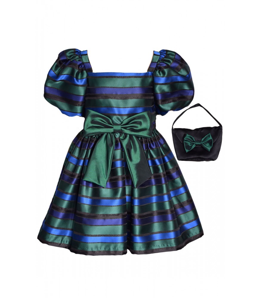 Bonnie Jean Green/Blue Striped Puff Sleeve Dress