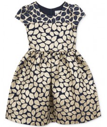 Rare editions navy/gold brocade leaf print girls dress 