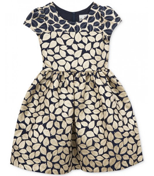 Rare editions navy/gold brocade leaf print girls dress 