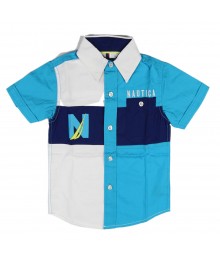Nautica Blue And White Colour Block Button Down Shirt