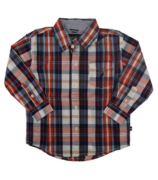 Nautica Navy/Orange/White Multi Plaid L/Sleeve Shirt 