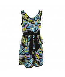 2 Hip Blue/Lemon/Black Multi Chiffon Dress Wt Cowl Neck