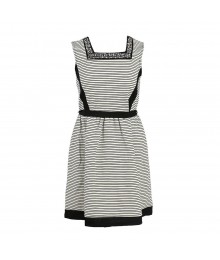 Monteau Black/White Stripped Stone-Embellished Sqaure Neck Dress