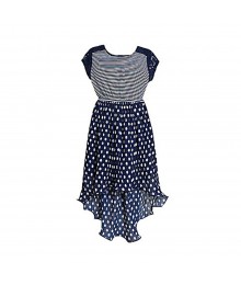 BONNIE JEAN NAVY STRIPPED/PLEATED POLKA HI-LOW WT LACY ILLUSION DRESS- 10Y