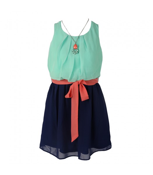 Amy Byer Mint/Navy Color Block Chiffon Dress Wt Peach Belt/Necklace