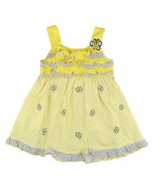 Young Land Yellow Seersucker Dress With Allover Butterfly