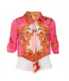 Amy Byer Pink/Floral Minor Chiffon Tie Shirt Wt Cami