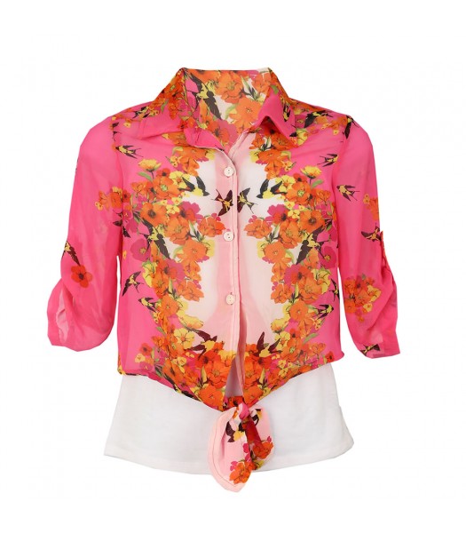 Amy Byer Pink/Floral Minor Chiffon Tie Shirt Wt Cami