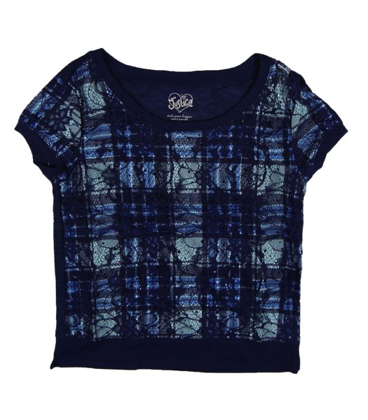 Justice Navy Lace Overlay Plaid Tee Blouse