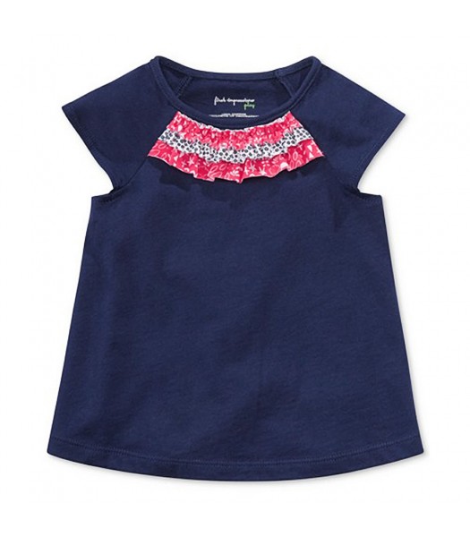 First Impressions Navy Tees Wt Multi Floral Ruffled-Neck